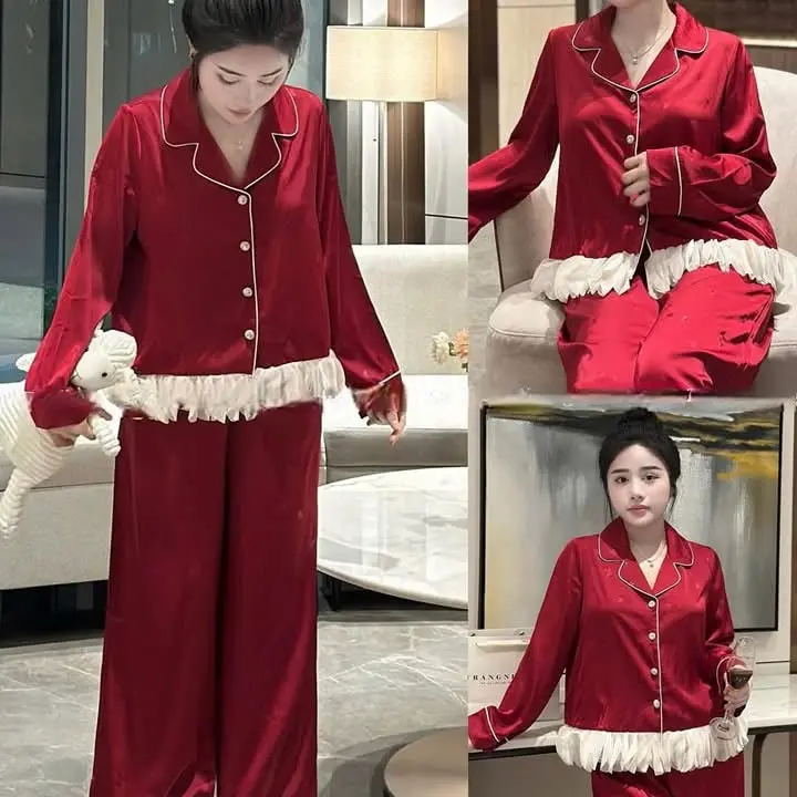 Bộ pjzama mặc nhà dài tay lụa gấm vân chìm phối voan bèo, hàng Lyly cao cấp - M0073 Áo Kem Chim