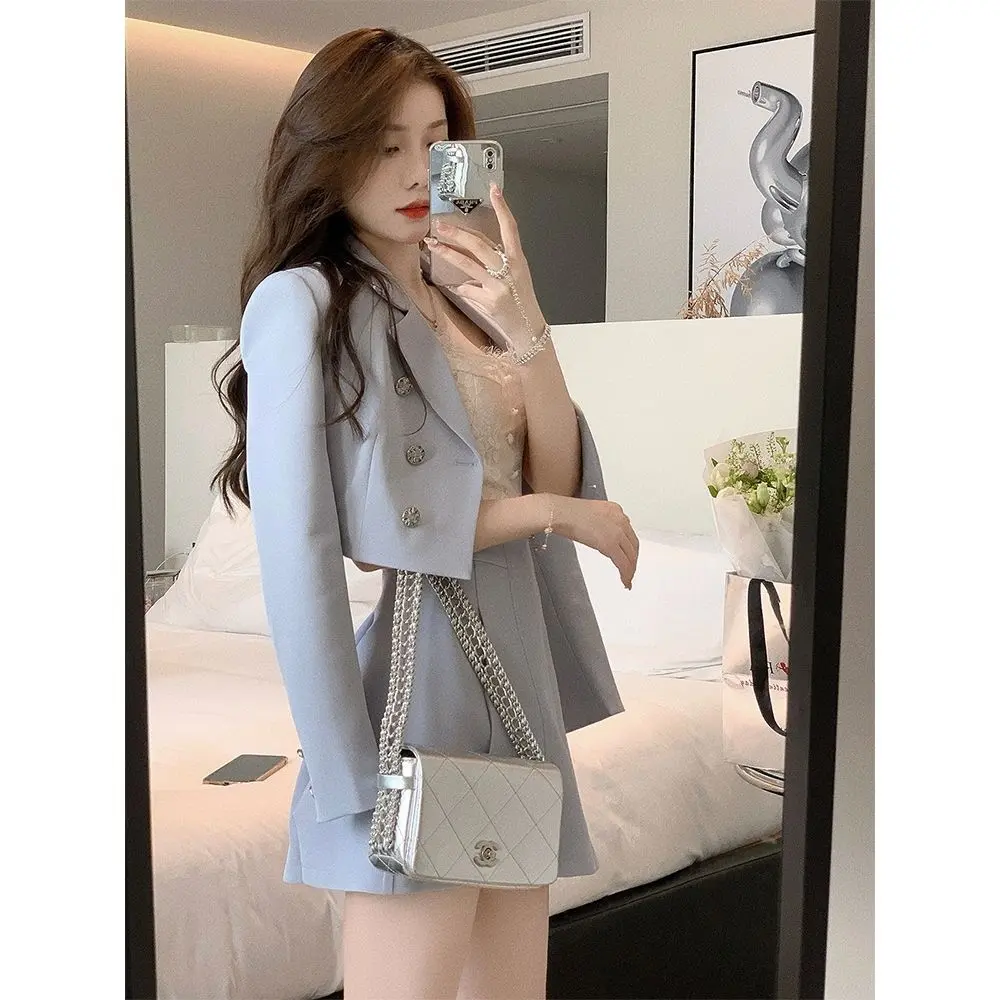 【SS24】Haze Blue Classic Style Short Suit  lady  Jacket Women's Korean-Style Spring and Autumn New High Waist A- line Skirt Suit-3704