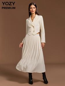 YOZY Women's Solid Double Button Lapel Blazer & Pleated Skirt Two-piece Set, Elegant Fashion Casual Long Sleeve Outerwear & Zipper Skirt for Daily Outdoor Wear, Women's Clothing for Spring Fall