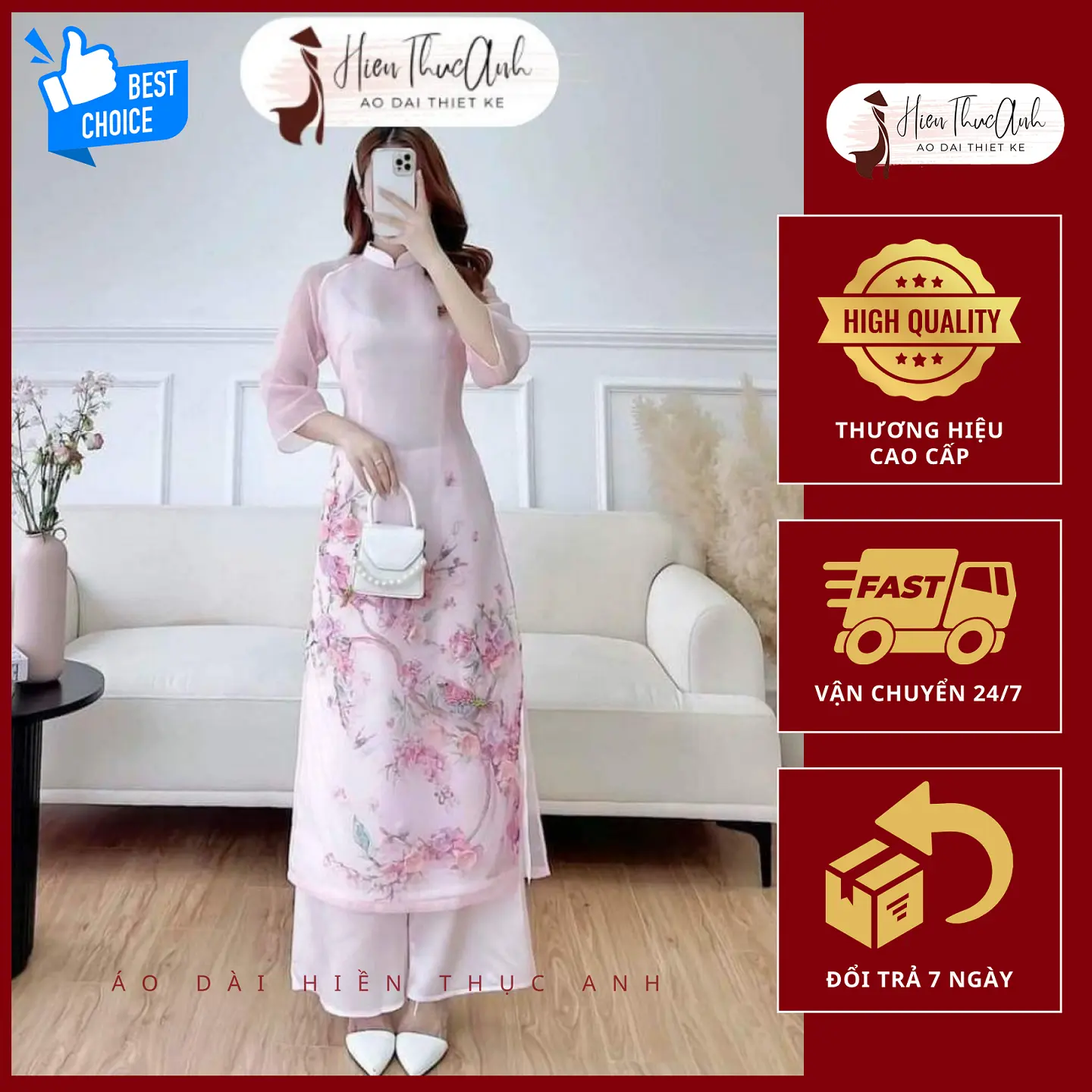 Áo dài cách tân nữ Mộc trà hoa đào hồng phấn 4 tà lót lụa cao cấp HTA605 - Áo Dài Hiền Thục Anh - Best Seller