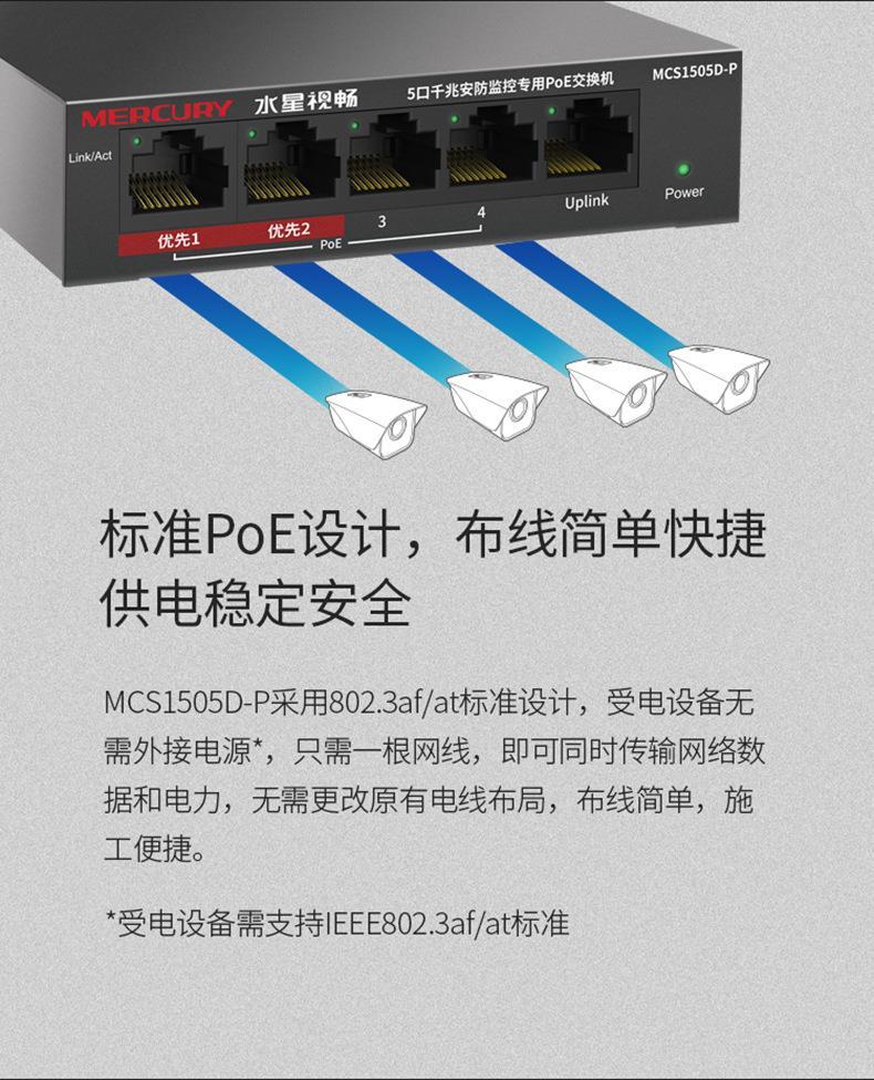 Product Introduction of Mercury MCS1505D-P Gigabit 5-port Plug-and-play Security Monitoring Dedicated PoE Switch With A Total Power Of 43W 30