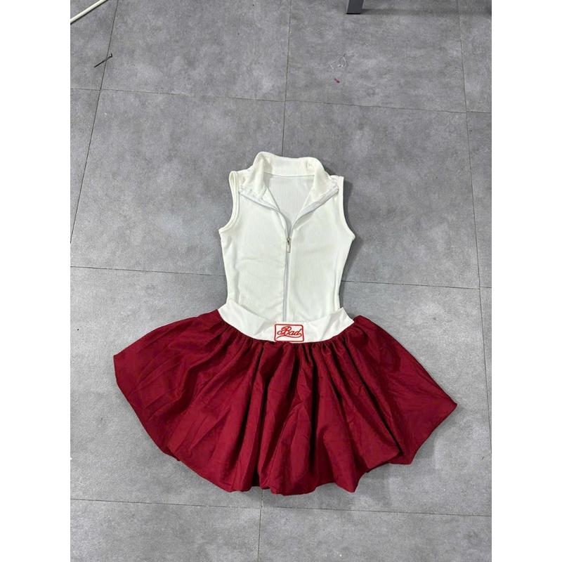 Set Áo Ba Lỗ Sát Nách Khóa Kéo Chân Váy Bí Phồng Kẻ Sọc Nữ Women 5