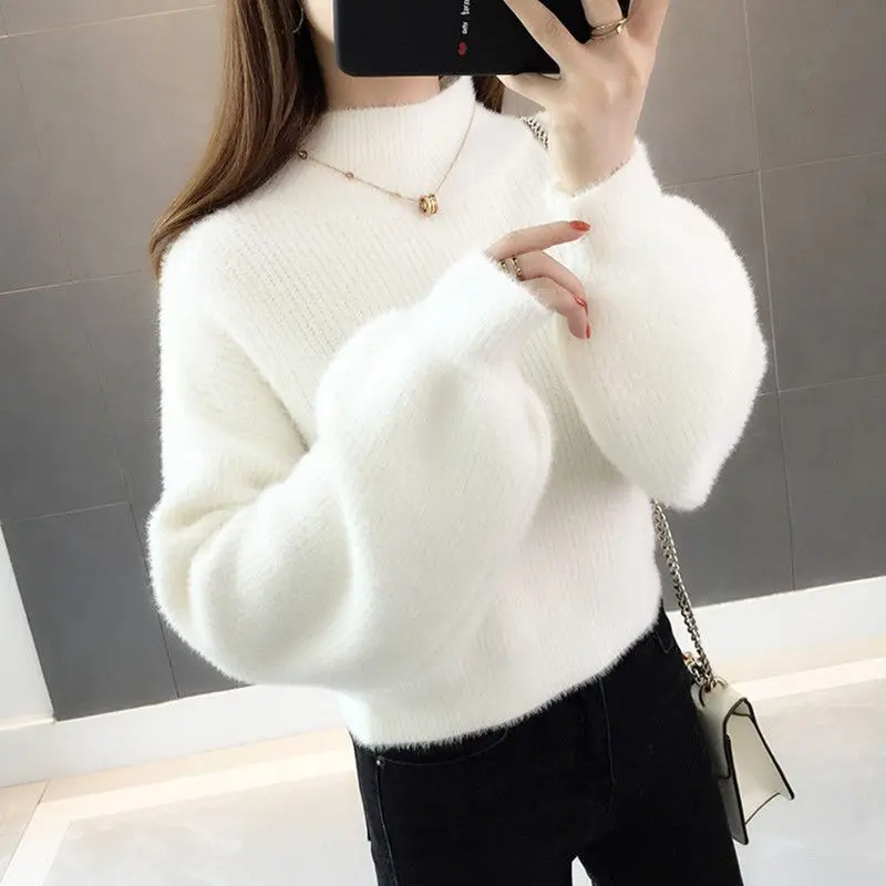 Áo Len Lông Chồn Nhân Tạo, Dành Cho Nữ, Mặc Mùa Thu Và Mùa Đông, Cổ Lọ Thấp, Dày Dặn, Dáng Rộng Vừa Vặn, Áo Lớp Cơ Sở Dệt Kim, Hàng Mới Về 2024 Women Top