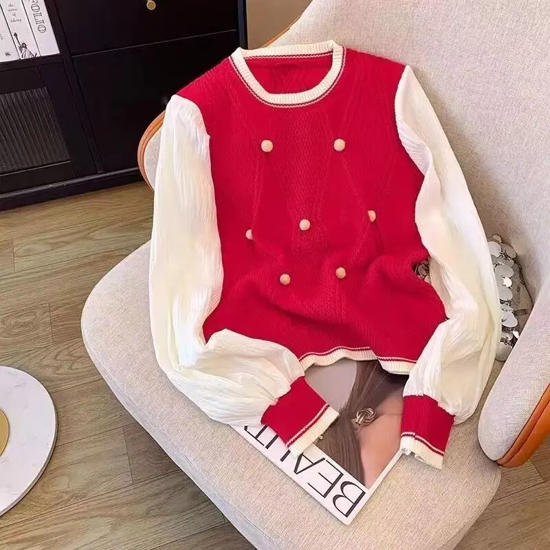 Áo Len Voan Dài Tay, Thiết Kế Ngọt Ngào Phong Cách Hàn Quốc, Bộ Hai Mảnh, Khâu, Thích Hợp Cho Mùa Xuân, 2024, Kafuu, Áo Len