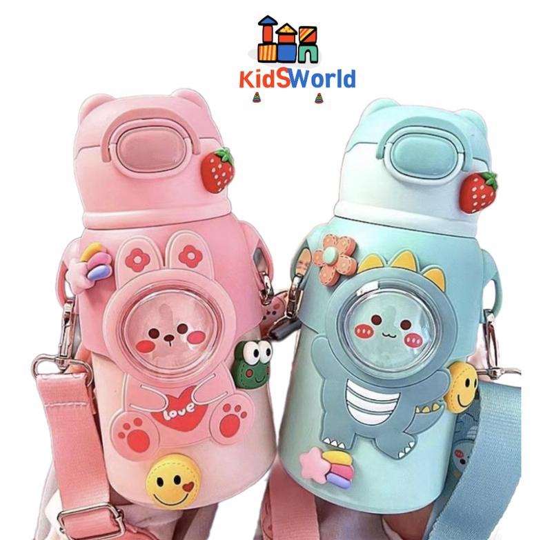 Hàng Chuẩn + Kèm Stiker Bình Nước Giữ Nhiệt 520ml Inox 316 Hoạ tiết Hình Gấu Bình đựnġ Nước Bé Trai Bé Gái có Dây Đeo Kem Silicone binh giu nhiet