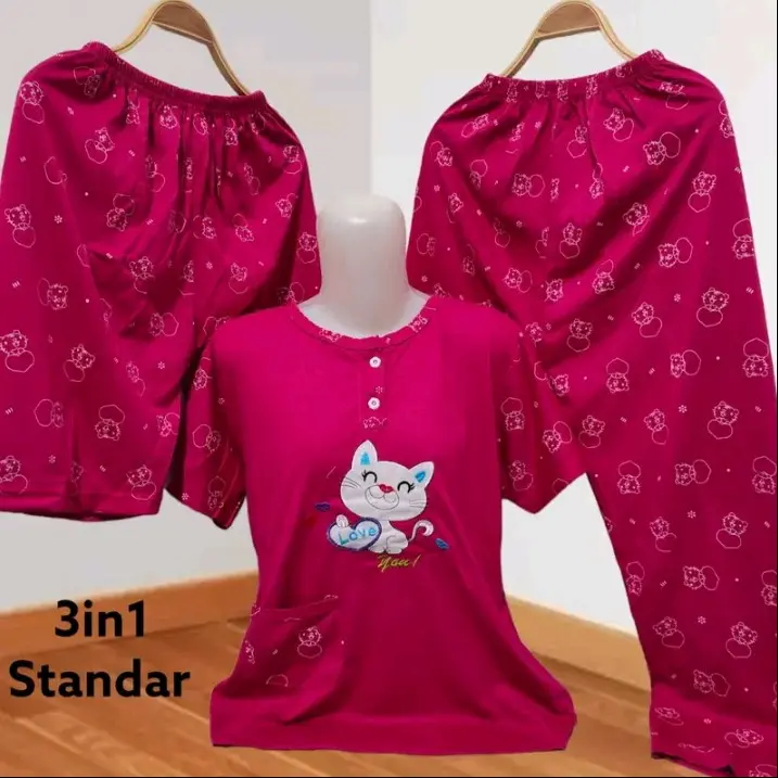 Baju tidur 3in1 style korea Busui Celana Panjang dan Pendek Piyama Wanita Kancing Kaos