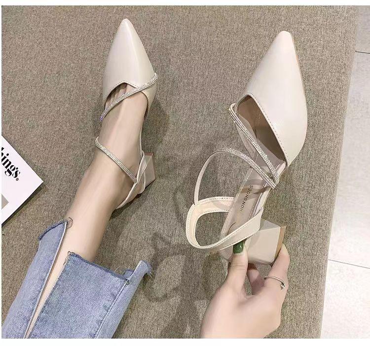 Product Introduction of Women's Sandals Summer Mid Heel Pointed Toe Pumps Closed Toe Chunky Heel Rhinestone Women's Shoes Word Buckle High Heels 6