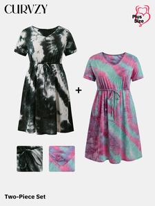 CURVZY Plus Size Tie Dye Print Short Sleeve Dress Set, Women's Plus Clothing for Daily Wear