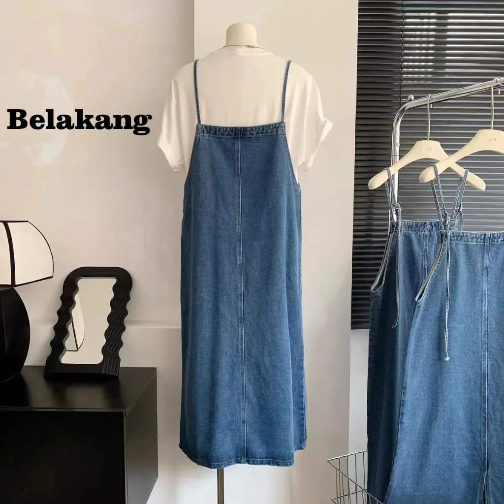 Overall Dress Jeans Jumbo Midi Dress Denim Rok Belah Samping Jamsuit Rok Panjang Dress Jeans 7 8 Rok Jumbo Bumil