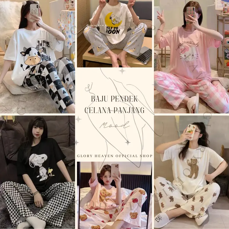 Glory Baju Tidur Wanita Lengan Pendek Celana Panjang | Piyama Pajama | Baju Tidur Set | Baju Rumah Set | Piyama Wanita Set Fit Dewasa 4