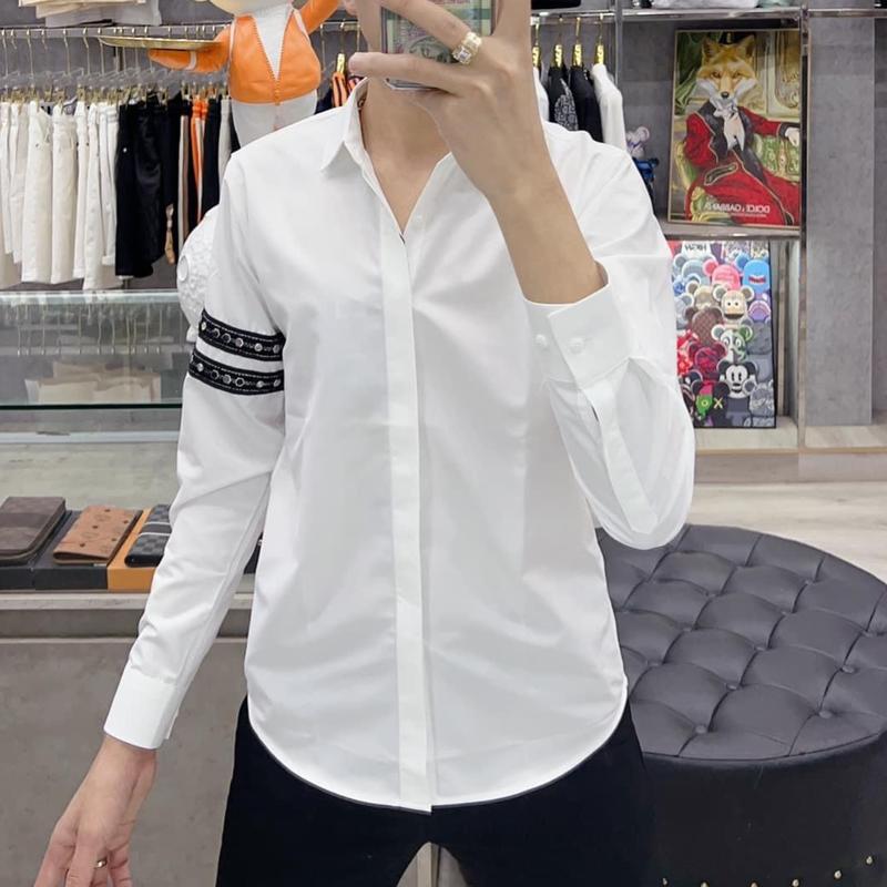 Áo sơ mi dài tay chất lụa thêu 2 vạch đính đá dấu cúc hot trend boy phố Menswear Kem Shirt Có Cổ