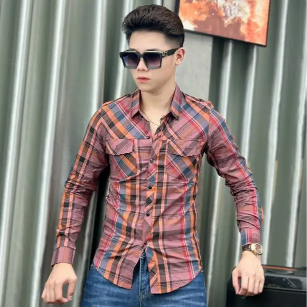 Áo sơ mi nam dài tay kẻ caro nhiều màu, dáng ôm body, có 2 túi - Có Cổ 6