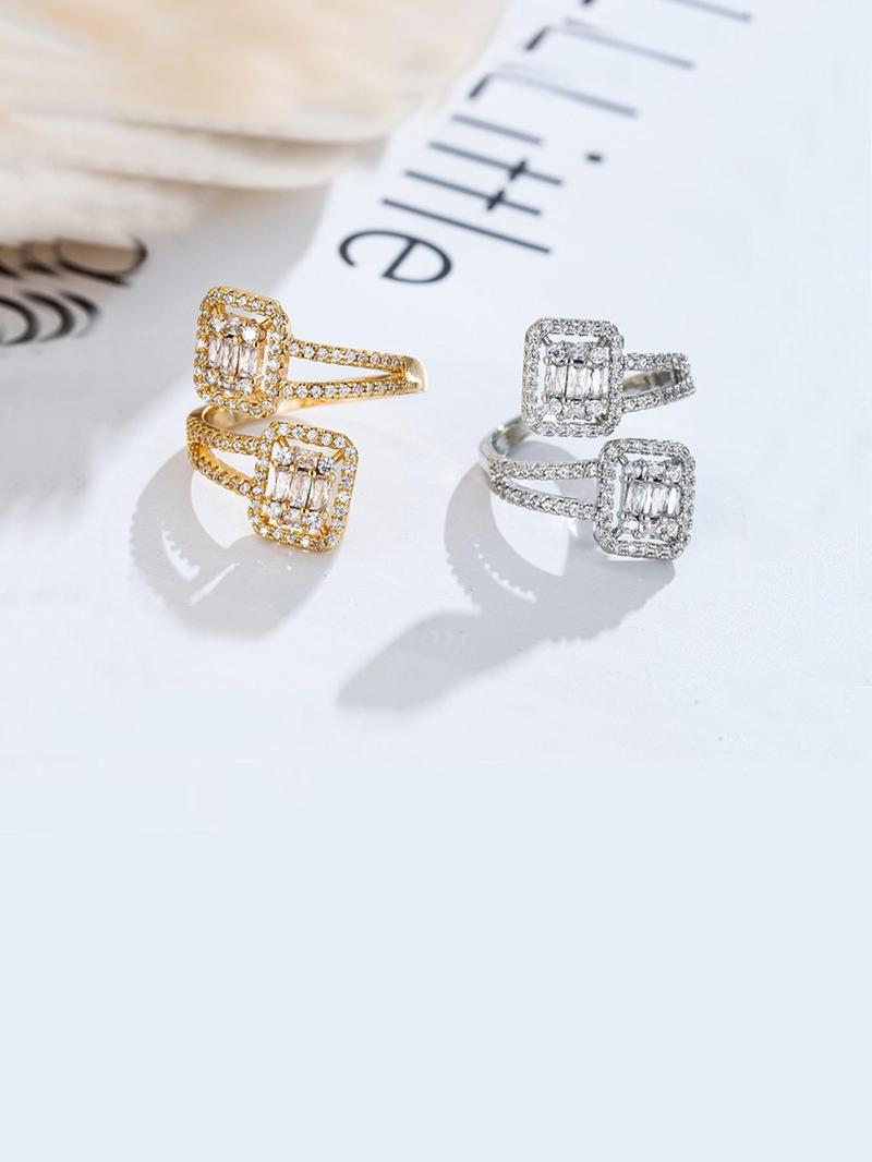 Product Introduction of Luxury Rhinestone Decorated Square Design Cuff Ring, Fashion Jewelry Accessories for Women, Engagement Wedding Anniversary Party Holiday Jewelry Gifts 7