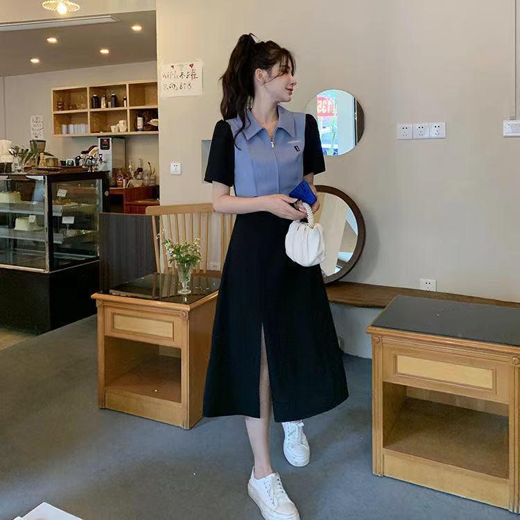 Product Introduction of Sweet Contrast Color Patchwork Slit Dress 2024 Korean Style New Polo Collar Plump Girls Waist Trimming Short-Sleeved Skirt 46