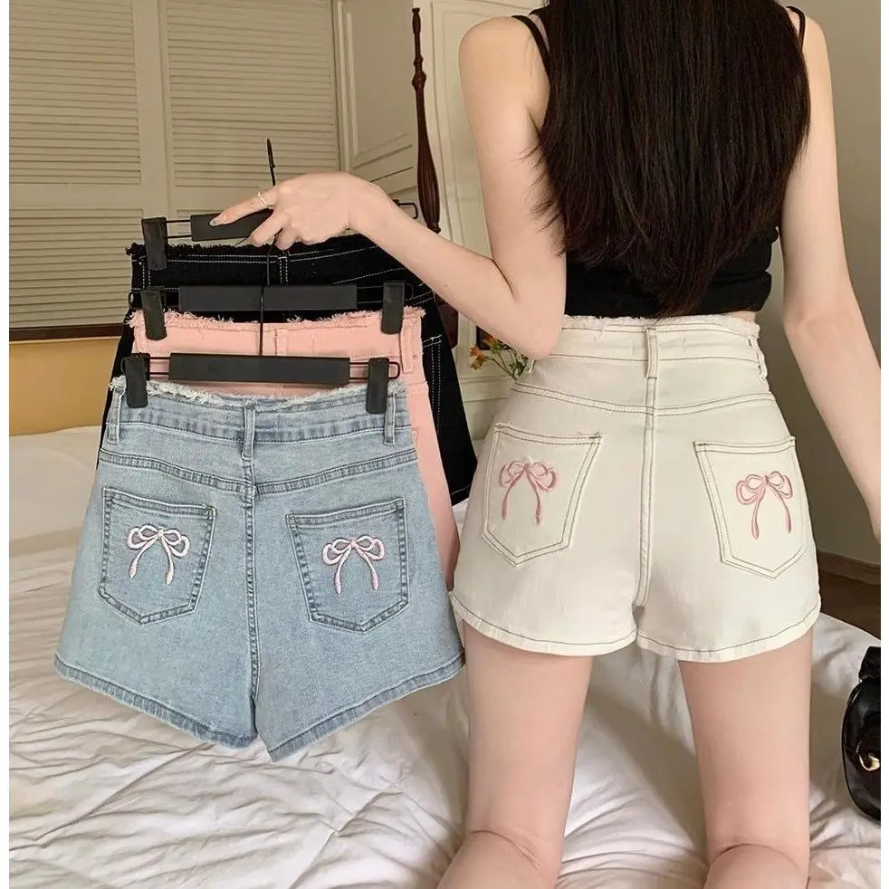 Embroidered High Waist Denim Shorts Women's Summer 2024 New Design Sense Bow Hip Skirt A- Line Super Short Shorts Tide