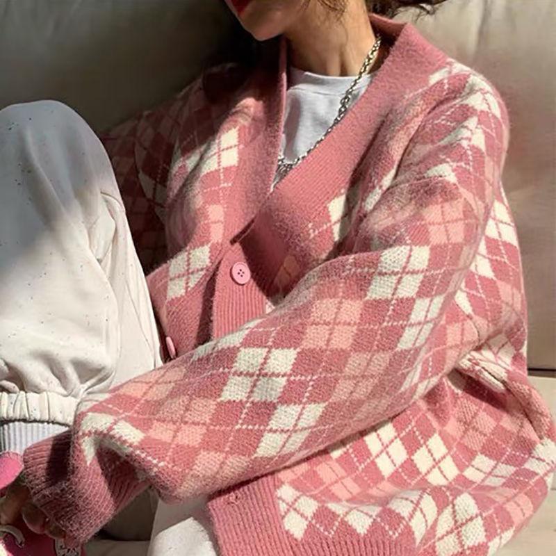 XẢ KHO Áo cardigan len caro hình thoi kim cương Quảng Châu cao cấp đen hồng xanh phong cách Hàn Quốc mói nhất 2022 Kozoda AC22 Top Nữ