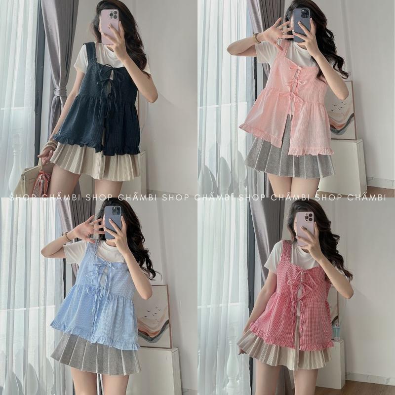 [KO KÈM ÁO TRONG] Áo hai dây nữ A.631, Áo hai dây bản to thắt 3 nơ mặc được 2 kiểu kẻ caro nhỏ xinh xắn - Shop Chấm Bi