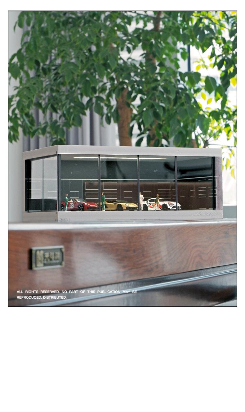 Product Introduction of Alloy die-cast car parking lot model, suitable for 1:64 scale car models, simulated garage scene, highly transparent dust-proof box, with lights, assembly model, for storing car models, for decoration and collection, a gift for boys 15