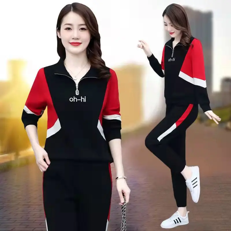 Bộ Đồ Thể Thao Cho Nữ, Bộ Sưu Tập Mùa Xuân Và Mùa Thu, Thời Trang Mới 2024, Dáng Rộng Rãi Và Bó Sát, Thiết Kế Chắp Vá, Áo Len, Trang Phục Thường Ngày Cổ Chân Đế Bộ Đồ Hai Mảnh