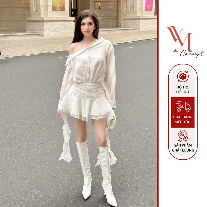 Đầm Lệch Vai Tay Dài Xoè Tầng Tua Rua Dáng Ngắn - D0867 Nữ Women Dress Voan Màu Trắng Màu Đen