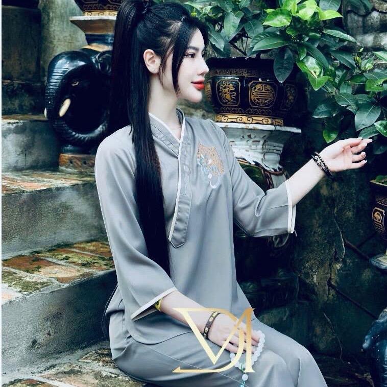 Đồ bộ làm đi chùa thêu chữ tâm kết hợp lá Bồ đề sét pháp phục nữ đi chùa có 4 màu