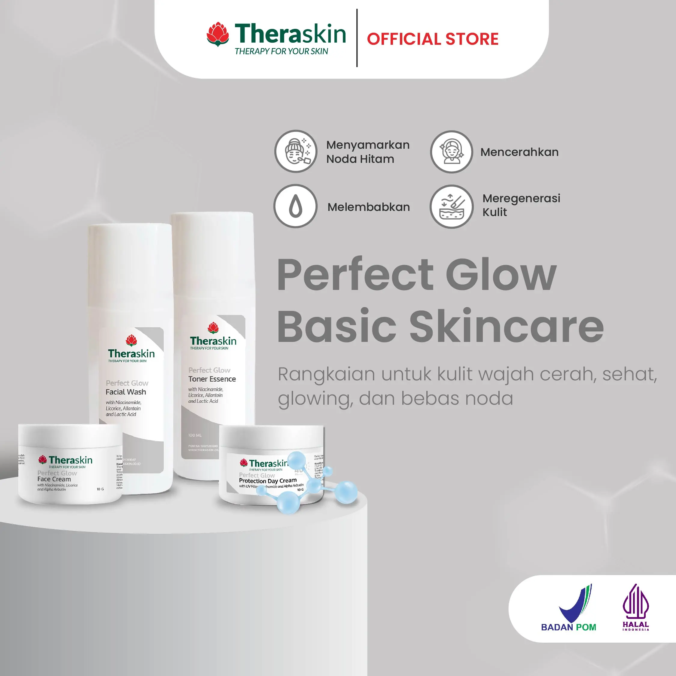 Theraskin BPOM Perfect Glow Basic Skincare - Paket Basic Untuk Wajah Glowing, Mencerahkan dan Memudarkan Noda Bekas Jerawat 4pcs (Facial Wash, Toner, Krim, dan Sunscreen)