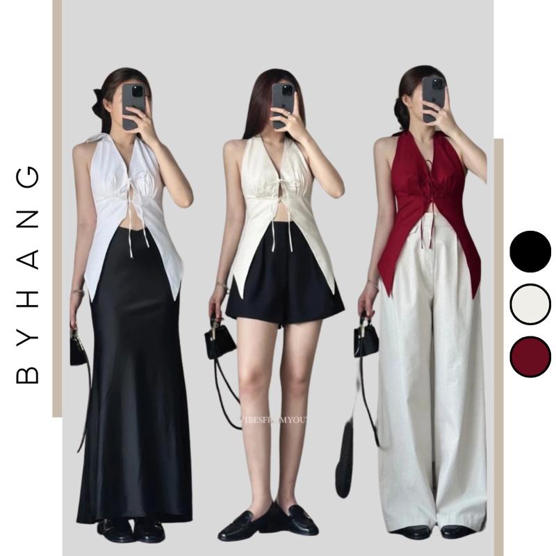 BYHANG - Áo Cổ Yếm Thắt Nơ Có Mút Ngực Phong Cách Đi Chơi Dạo Phố Top Women Voi Nữ - Chất liệu Lanh mát thoáng khí BH01