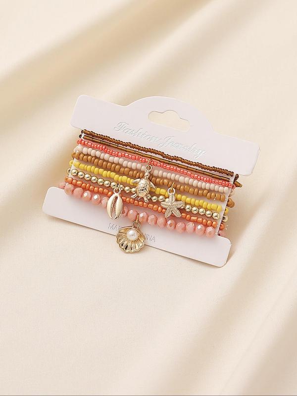 Boho Style Beaded Bracelet, Faux Pearl & Starfish & Shell Decor Charm Bracelet, Fashion Jewelry Accessories for Women & Girls 8