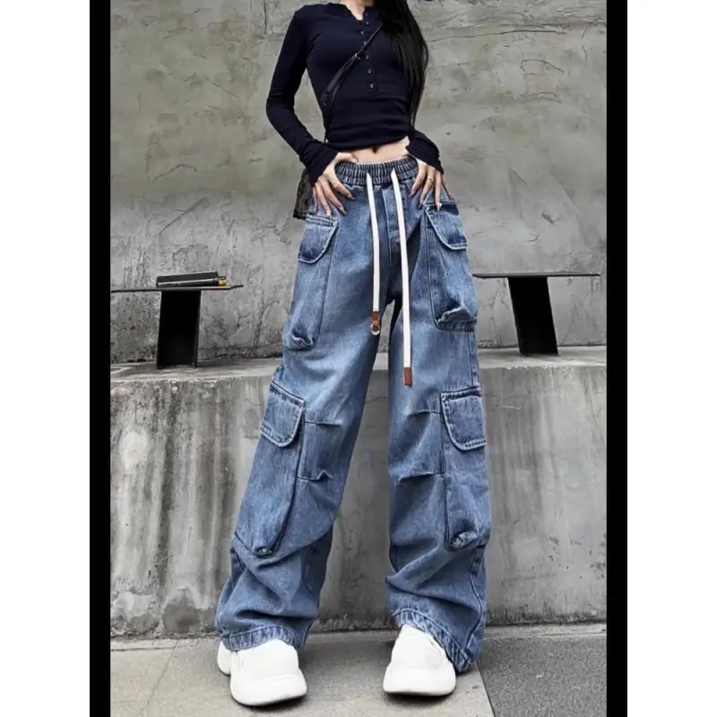 Women's Jeans 2025 Spring New High Waist Straight Drawstring Cargo Pants Soft Large Pocket Jeans Trendy