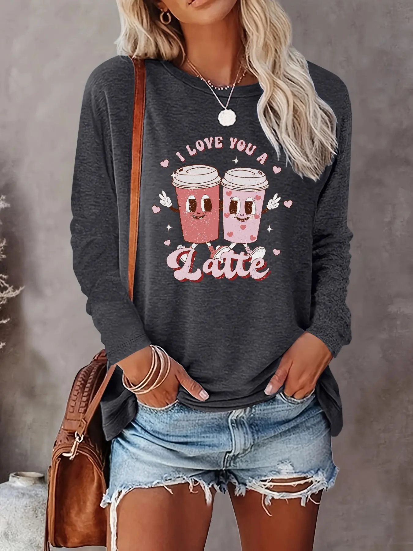 Women's Cartoon Coffee & Letter Print Round Neck T-shirt, Casual Long Sleeve Crew Neck T-shirt for Spring & Fall, Women's Clothes for Daily Wear