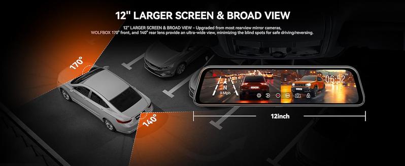 Product Introduction of WOLFBOX G840S 12inch 4K Mirror Dash Cam Backup Camera, 2160P Full HD Smart Rearview Mirror for Cars Trucks, Front Rear Dual Camera, Night Vision, Parking Assistance, Includes 32GB Card GPS GPS 2