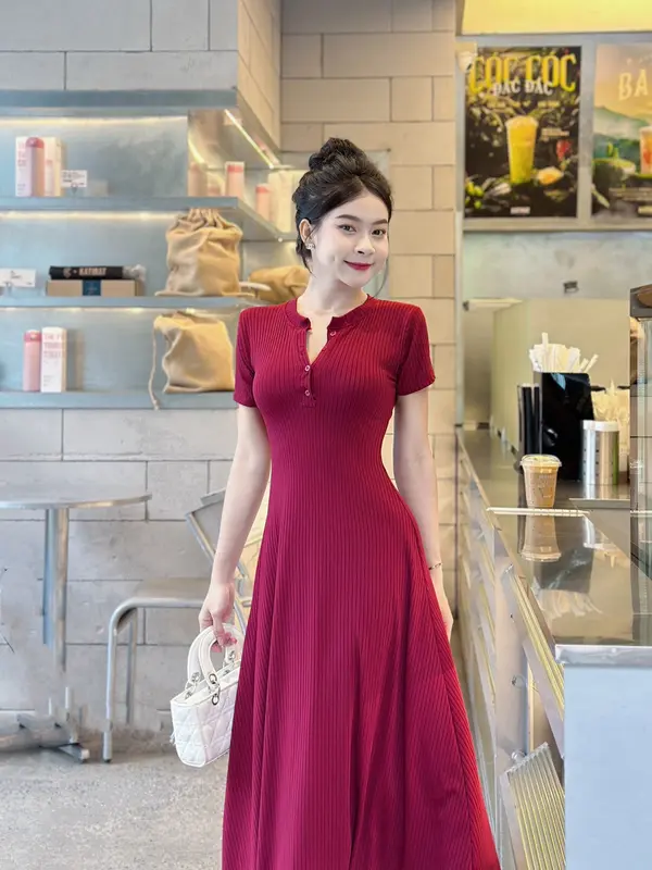 D-13 Đầm gân Đũa Dáng Xoè Dài, Tay ngắn Có Nút  Sang Chảnh Nữ 4