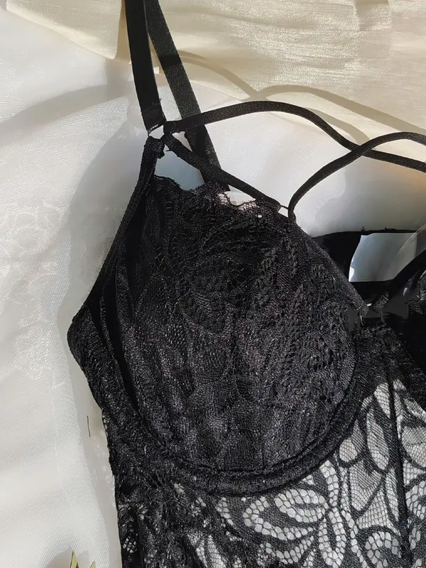 Women's Contrast Lace Sheer Lingerie Set, Sexy Lace Up Criss Cross Backless Cami Bodysuit & Thong One-piece & Stockings Set, Women's Lingerie & Underwear Set for All Seasons 2