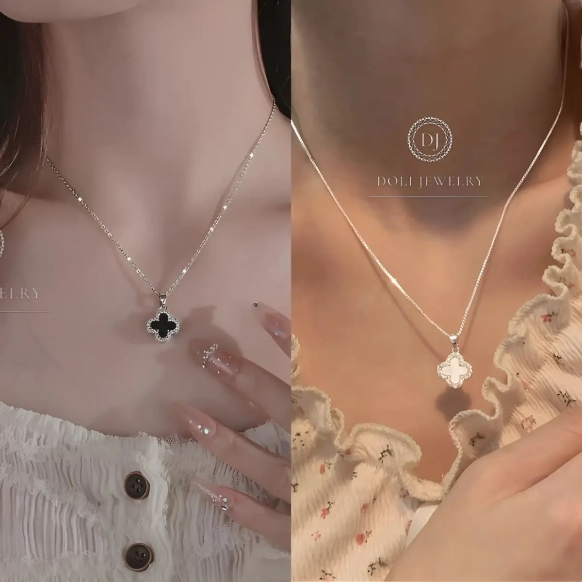 Dây chuyền Cỏ 4 lá 2 mặt trắng đen bạc Ý S925 - DOLI JEWELRY D04