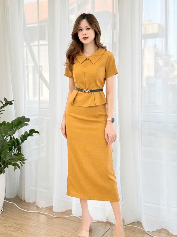 Set váy nữ thiết kế, áo peplum sang trọng, set váy ôm nhẹ tôn dáng, chất liệu mềm mại, dài qua gối phù hợp đi chơi, đi đám cưới, đi làm Diepie Dress S1504 -Thoitrangsuha Women Top Kem