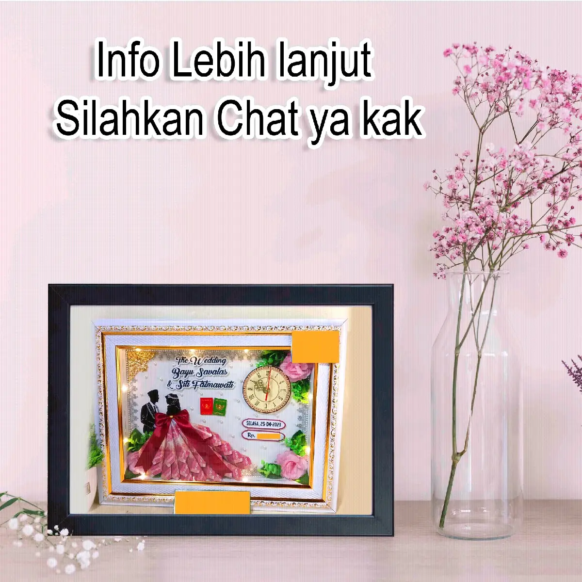 Bingkai Foto 3D/ Bingkai Pernikahan Gaun Pink Sudah Di Hias Modern Dipasang di Dinding