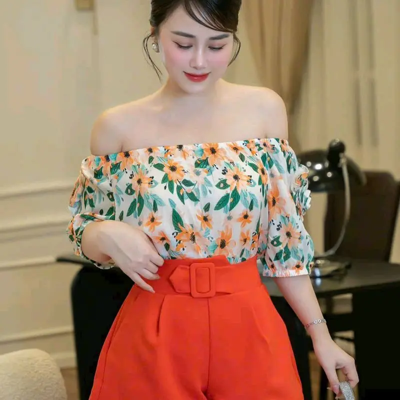 Sét áo trễ vai phối quần short cạp cao xinh mặc đi biển, đi chơi đẹp - Hàng có size s,m,l 2