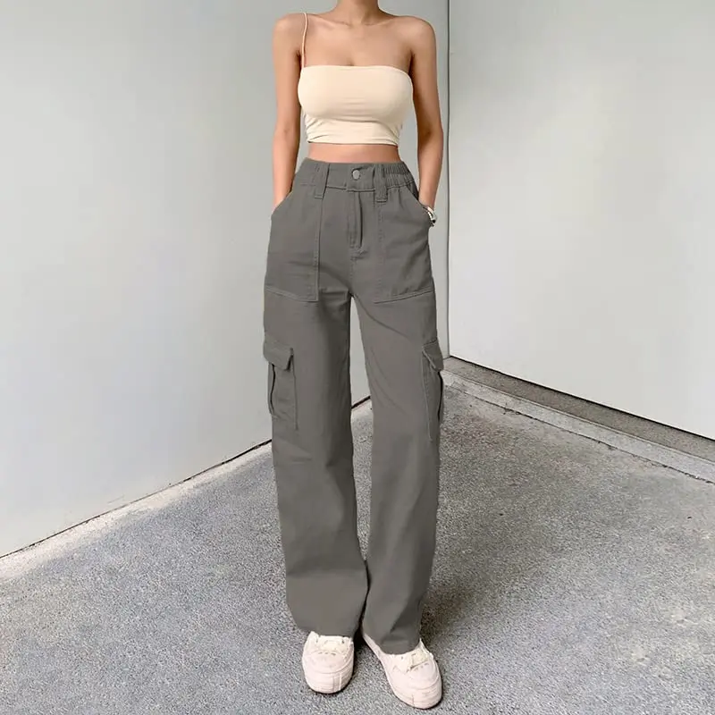 Women Solid Color Pants, High Waist Waist Straight-leg Buckle Jeans
