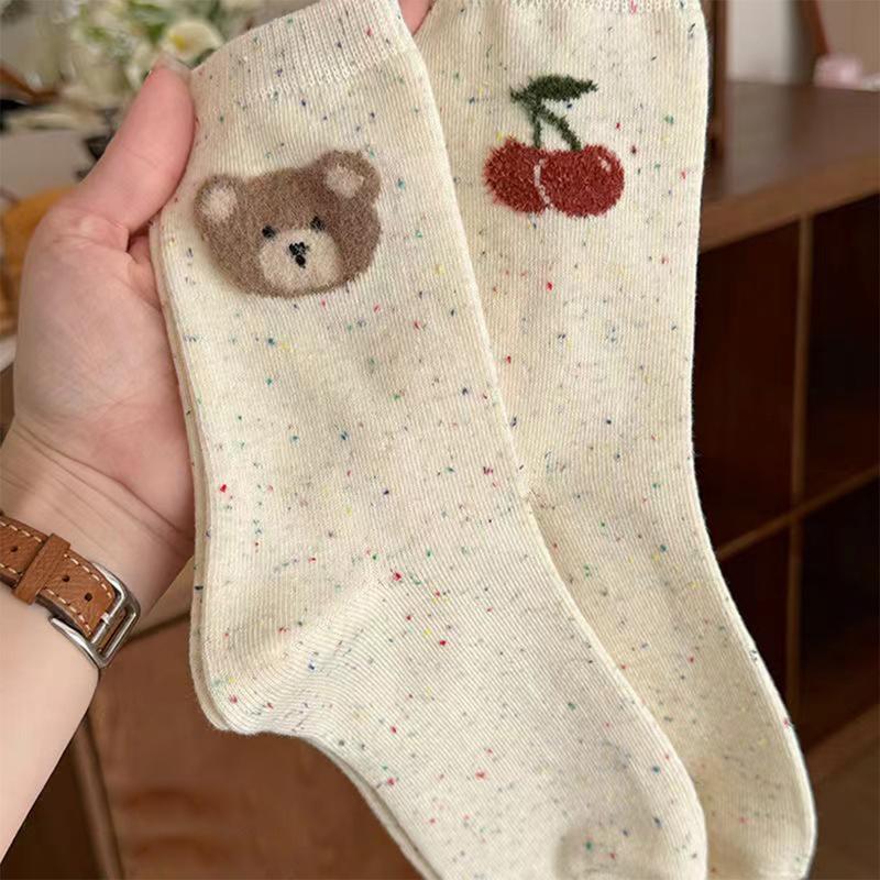 Tất Cao Cho Nữ, Màu Muối Và Hạt Tiêu, Họa Tiết GẤU CHERRY, Phong Cách Hàn Quốc 8