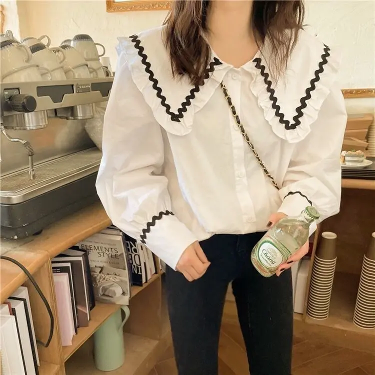 Áo Sơ Mi Trắng, Cổ Búp Bê, Dành Cho Nữ, Dài Tay, Có Thể Mặc Bên Trong, Phong Cách Phương Tây Dáng Rộng Vừa Vặn, Một Hàng Cúc, Áo Sơ Mi, Quần Áo Nữ, Hàng Mới Về Mùa Xuân