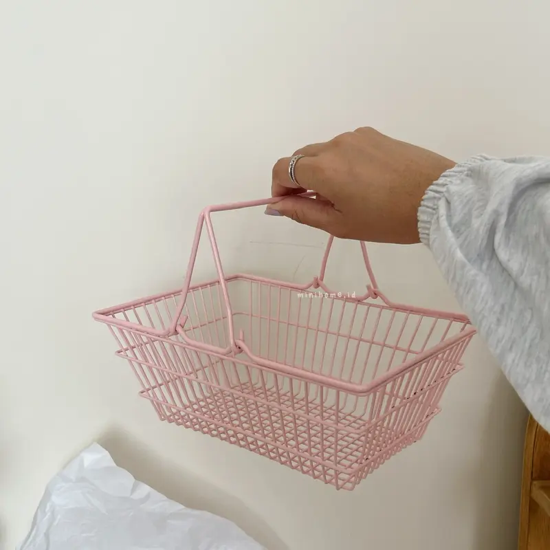 [MINIHOME] LULU Basket Keranjang Mini Trolley Aesthetic Keranjang Kecil Dekorasi Rumah Korean Home Décor Organizer Tempat Penyimpanan Minimalis Stainless Steel Korea Keranjang Buah Belanja Makeup Pink Minihome 5