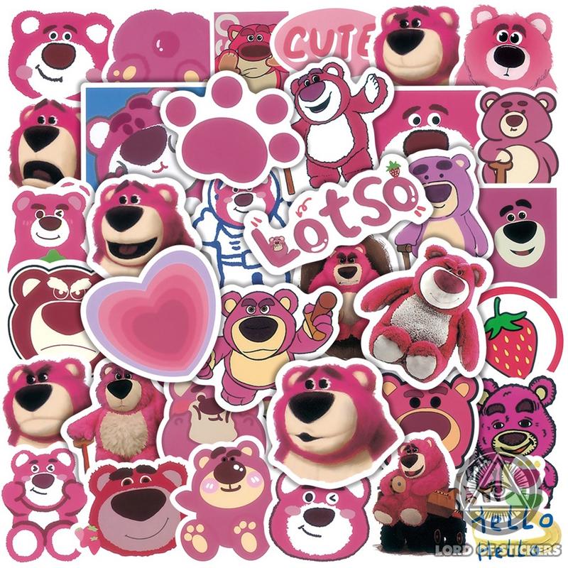Set 50 Nhãn Dán Sticker Hoạt Hình Gấu Dâu Tây Lotso Bear Toy Story 3 Chống Thấm Nước Trang Trí Mũ Bảo Hiểm, Laptop, Sổ