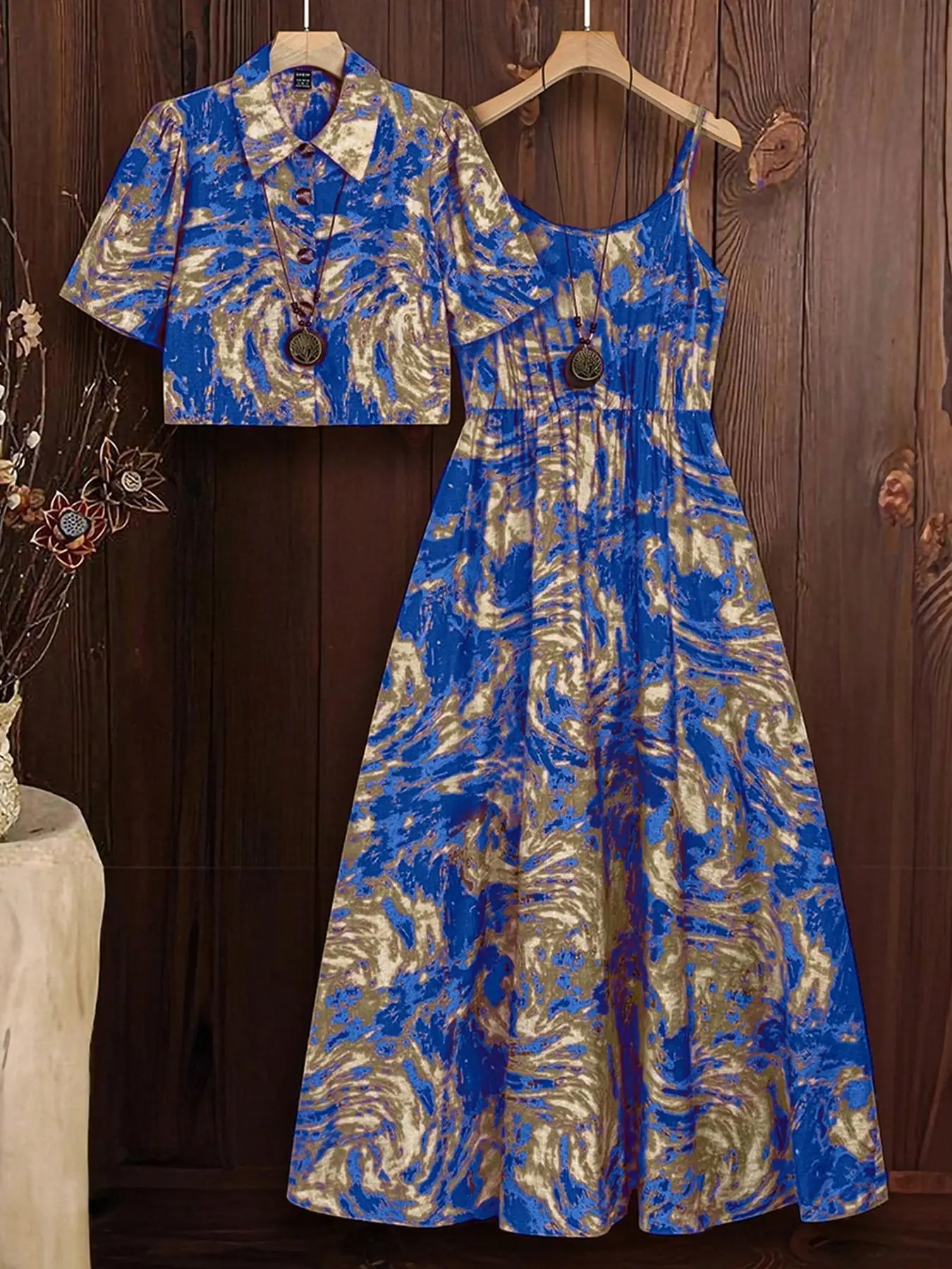 Women's All Over Print Dress & Button Front Crop Shirt Two-piece Set, Casual Fashion Cozy Two Piece Outfits for Daily Outdoor Wear, Ladies Clothes for Summer