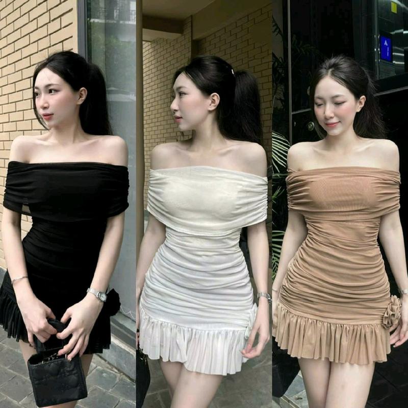 Đầm Body lưới trễ vai đính hoa nhún sườn chân bèo siêu đẹp tôn dáng sang chảnh Women Dress Casual Dresses váy tiệc Voan Voi Đen