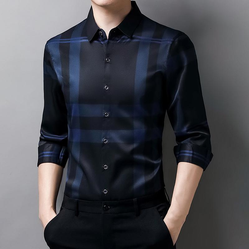Yipoiu-Áo Công Sở Kẻ Sọc Cho Nam, Thoải Mái, Sành Điệu, Đi Làm, Phong Cách Mỏng, Trang Phục Ngoài, Áo Sơ Mi Nam Mùa Xuân Thu 5