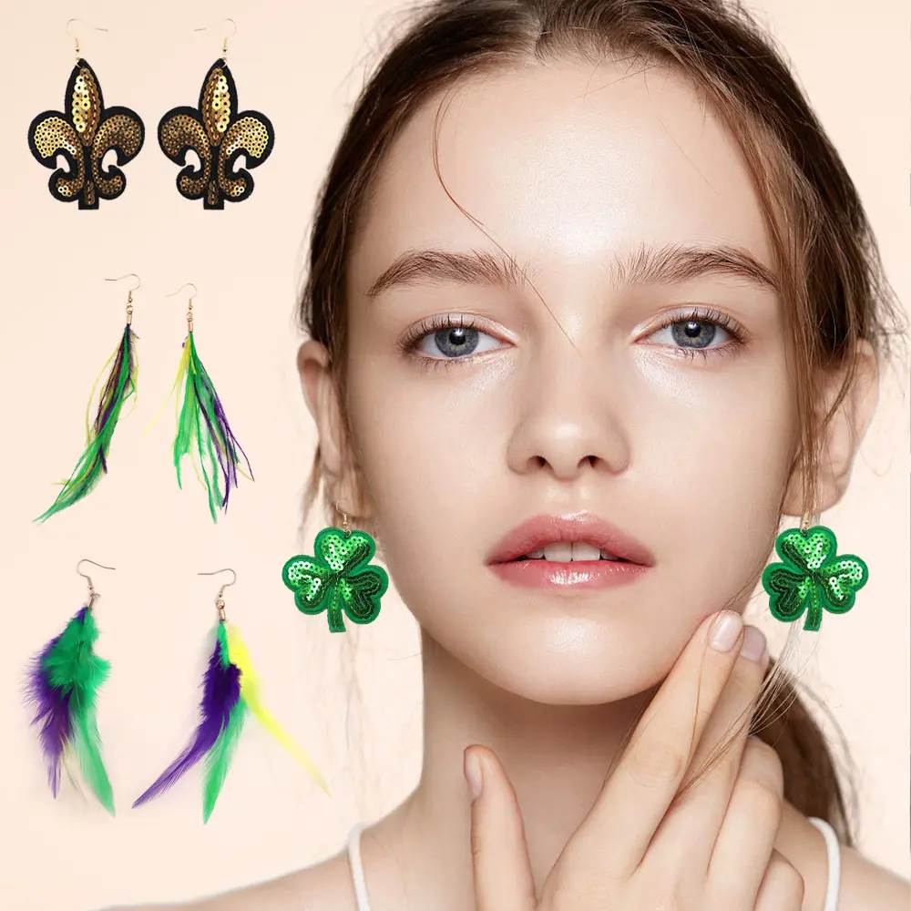 Cross-border European and American Carnival Mardi Gras Earrings Jewelry Fashion Earrings Gold Purple Green Feather Accessories Earrings