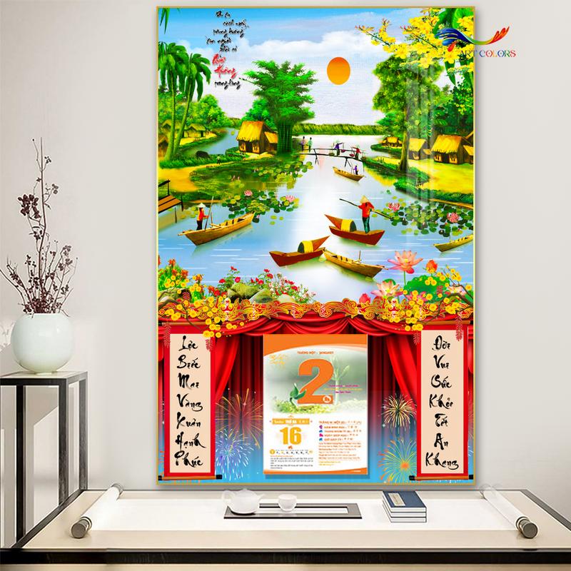Lịch Gỗ Treo Tường Tráng Gương 2025 Phong cảnh làng quê kết hợp thư pháp (40x60cm) TẶNG BLOC Lịch đại