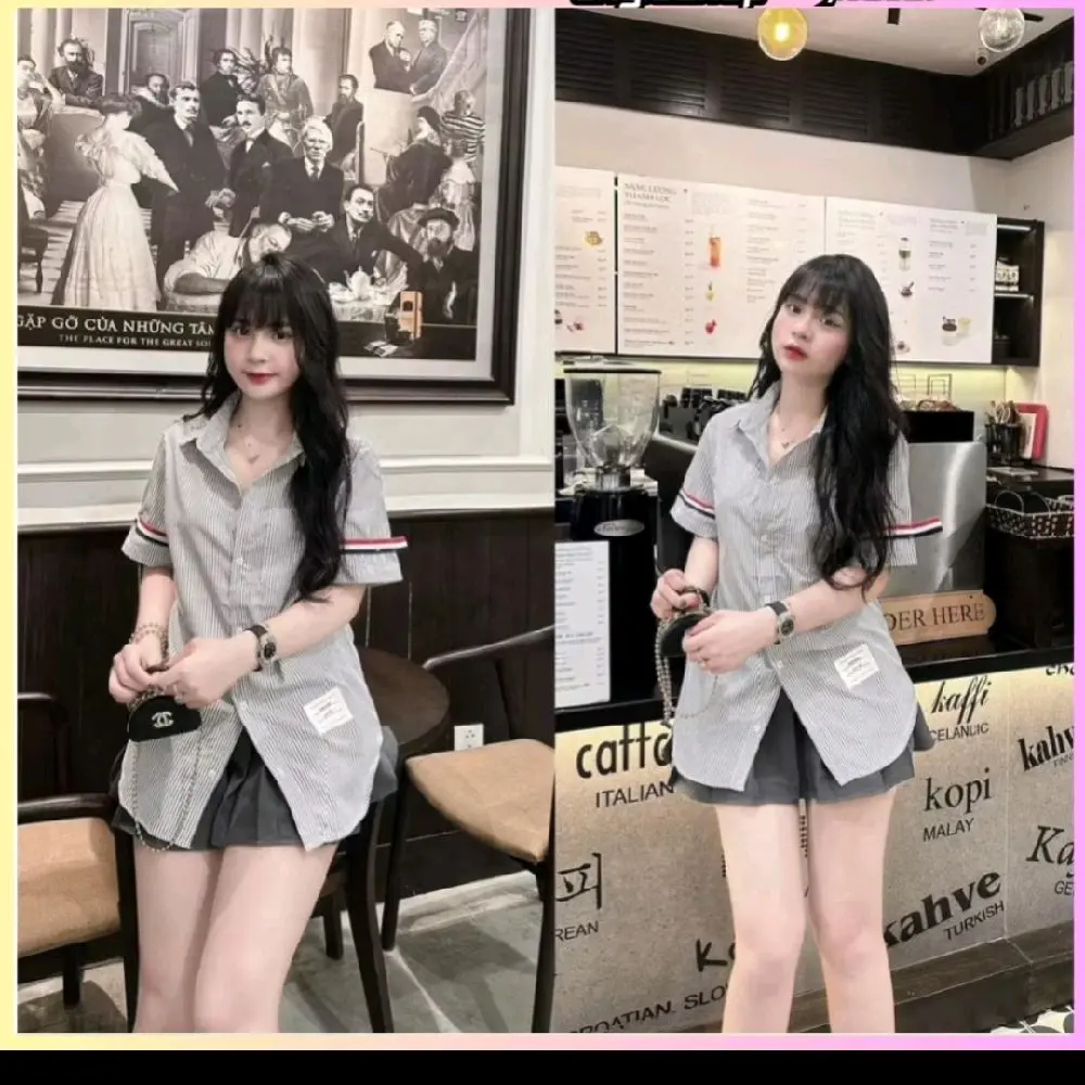 Áo sơ mi nữ tay ngắn kẻ sọc màu xanh ngọt ngào
