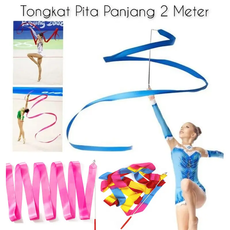 Ribbon stick 2m pita senam ritmik dengan Tongkat twirling Tongkat Tari Sutra Pita Balet Senam Ritmik 0