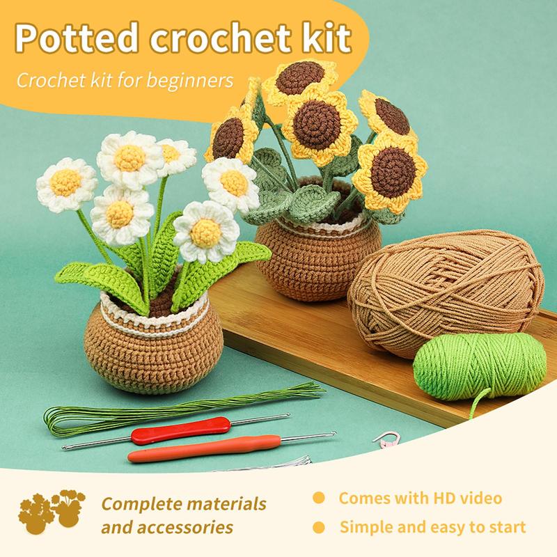 Daisy & Sunflower Design Crochet Kit, 2 Counts/set Floral Crochet Starter Set with Step-by-Step Video Tutorials, Complete Knitting & Crochet Kit for Beginners Adults, DIY Handmade Knitting Supplies 5